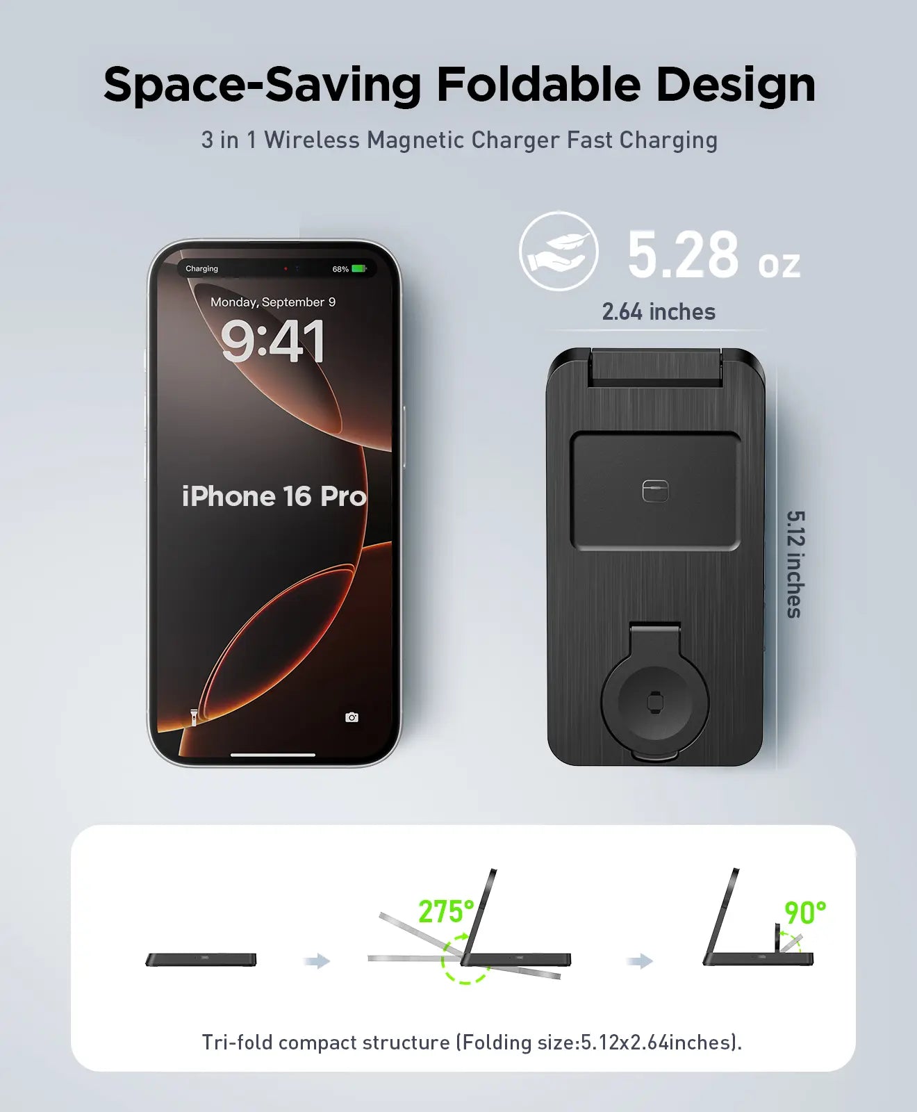 3-In-1 Foldable Magnetic Wireless Charger for Iphone, Apple Watch & Airpods—Home, Office & Travel Ready