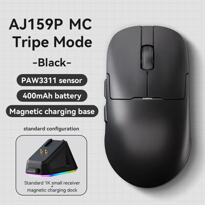 Ajazz AJ159 APEX Wireless Gaming Mouse, PC Accessory, 56G Ultra-Lightweight Ambidextrous Design, PAW3950 Sensor, Tri-Mode Connectivity, 32000 DPI, with TFT Color Screen Charging Dock