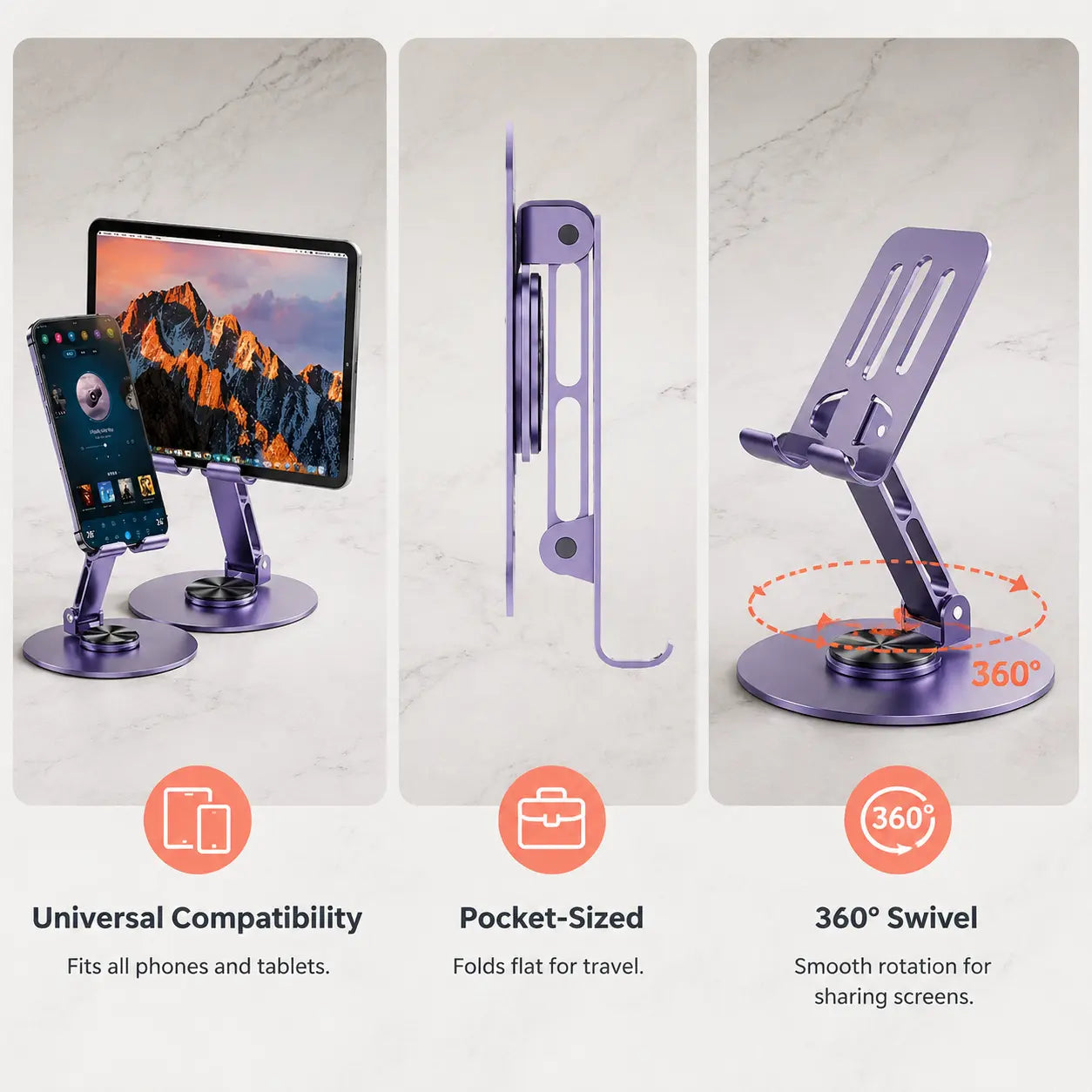 360-Degree Rotating Folding Cellphone Stand - Adjustable and Space-Saving Desk Accessory with Protective Rubber Padding for iPhone, iPad, and Thick-Case Devices