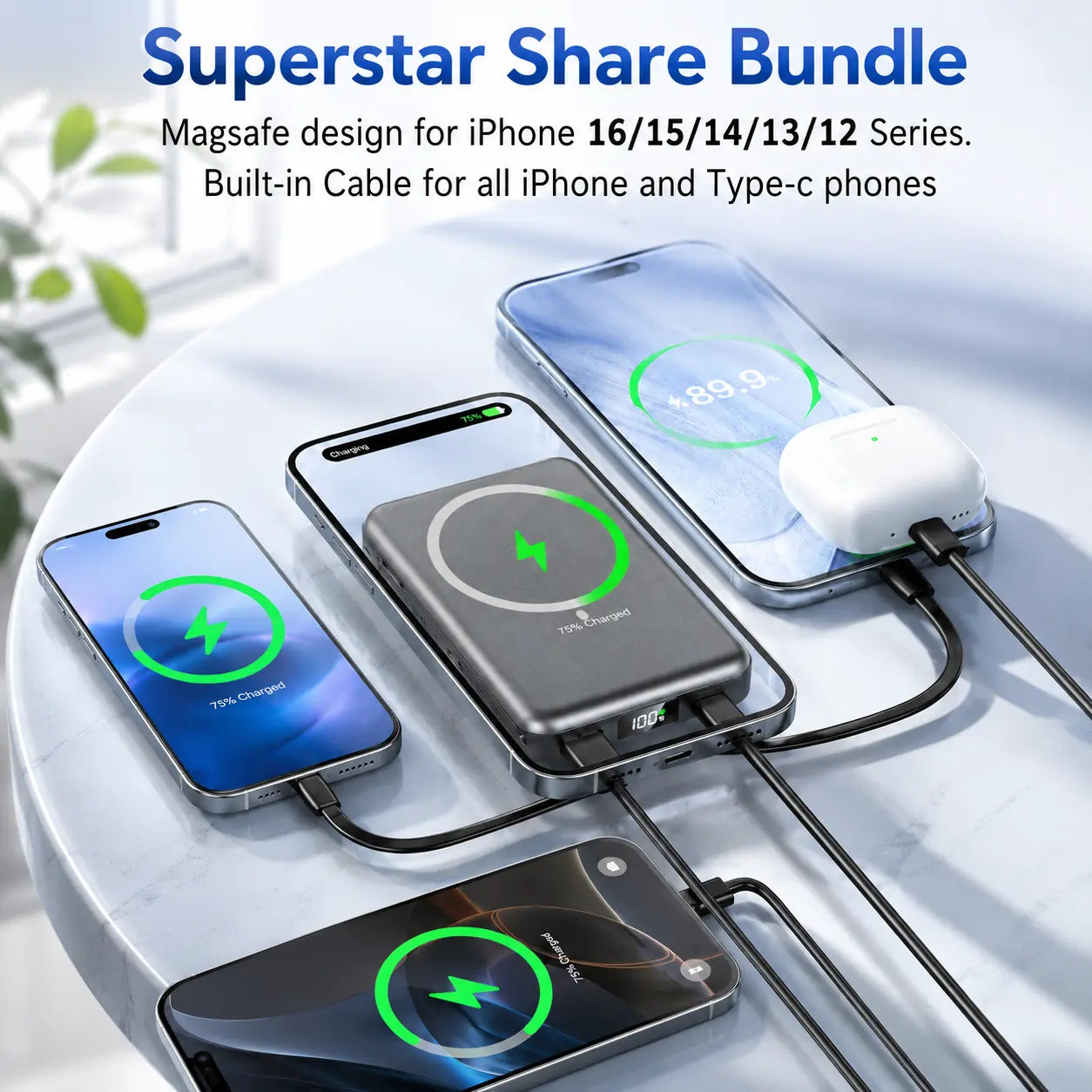 Magnetic Portable Charger, 10000Mah Power Bank with Built-In Cable, 5-Output Portable Charger, 20W Fast Charging, LED Display Portable Phone Charger Compatible with Magsafe Iphone 17/16/15/14/13/12 Series，W17 Tiktokshopbacktoschool