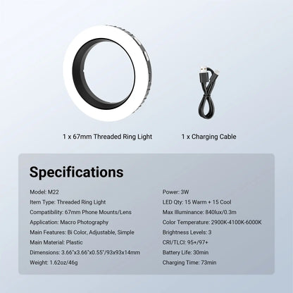 NEEWER M22 67Mm Threaded Ring Light for Phone Mounts, Clip-On LED Selfie Ring Light for Iphone & Smartphones, Portable Fill Light for Selfies, Vlogging, Makeup, Video Calls Tiktokshopbacktoschool