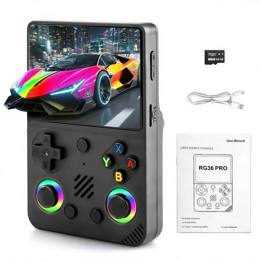 RG36 Pro Open Source Retro Handheld Gaming Console - 3.5-Inch IPS Display, Preloaded with Classic Games, 64GB TF Card, Portable Travel Gaming Device, Ideal Gift for Teens and Partners - Black