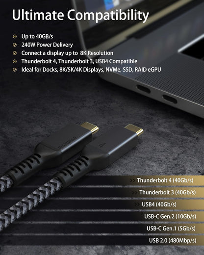 [4Ft] Thunderbolt 4 Cable, 240W Thunderbolt Cable 40Gbps Sync 8K/5K@60Hz Display and for Thunderbolt 4, Thunderbolt 3, USB4, and USB-C Devices
