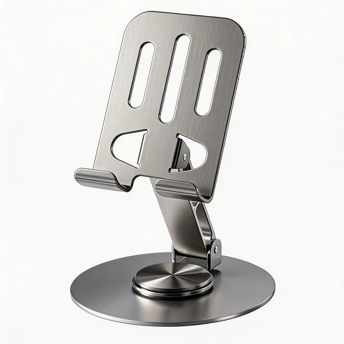 360-Degree Rotating Folding Cellphone Stand - Adjustable and Space-Saving Desk Accessory with Protective Rubber Padding for iPhone, iPad, and Thick-Case Devices