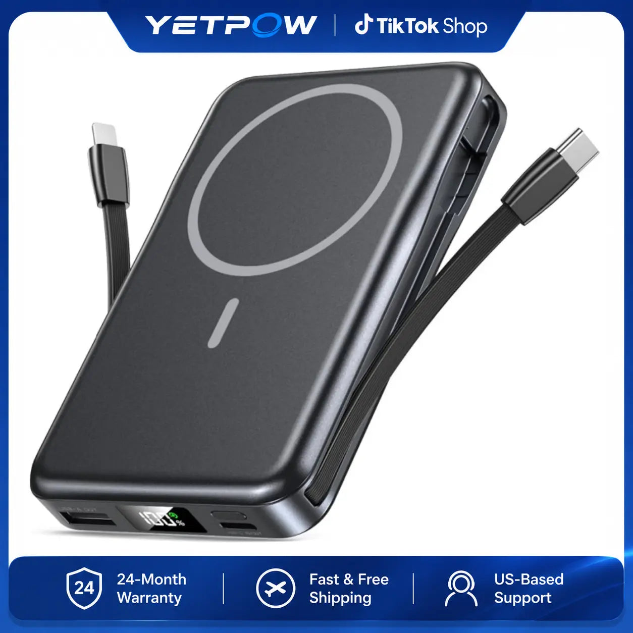 Magnetic Portable Charger, 10000Mah Power Bank with Built-In Cable, 5-Output Portable Charger, 20W Fast Charging, LED Display Portable Phone Charger Compatible with Magsafe Iphone 17/16/15/14/13/12 Series，W17 Tiktokshopbacktoschool
