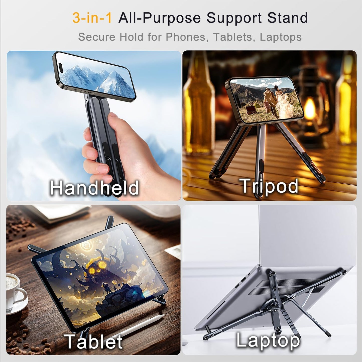 Metal Laptop Stand, 3-In-1 Magnetic Foldable Tablet Phone Holder | Pocket-Sized & Portable, Adjustable Laptop Riser for Desk, N55 Powerful Magnets, Ergonomic View Mount for Home Office, Travel
