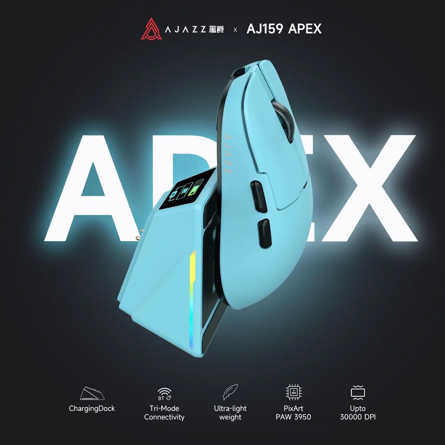 Ajazz AJ159 APEX Wireless Gaming Mouse, PC Accessory, 56G Ultra-Lightweight Ambidextrous Design, PAW3950 Sensor, Tri-Mode Connectivity, 32000 DPI, with TFT Color Screen Charging Dock