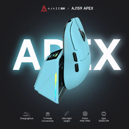 Ajazz AJ159 APEX Wireless Gaming Mouse, PC Accessory, 56G Ultra-Lightweight Ambidextrous Design, PAW3950 Sensor, Tri-Mode Connectivity, 32000 DPI, with TFT Color Screen Charging Dock